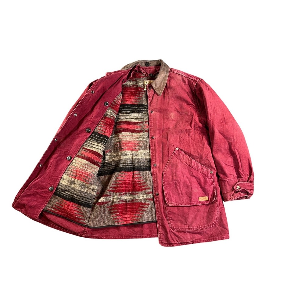 Woolrich Barn Jacket Womens Medium Burgundy Aztec Lined Leather Collar Chore